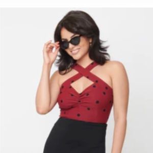 NWT Unique Vintage Burgundy & Black Polka Dots Porter Top